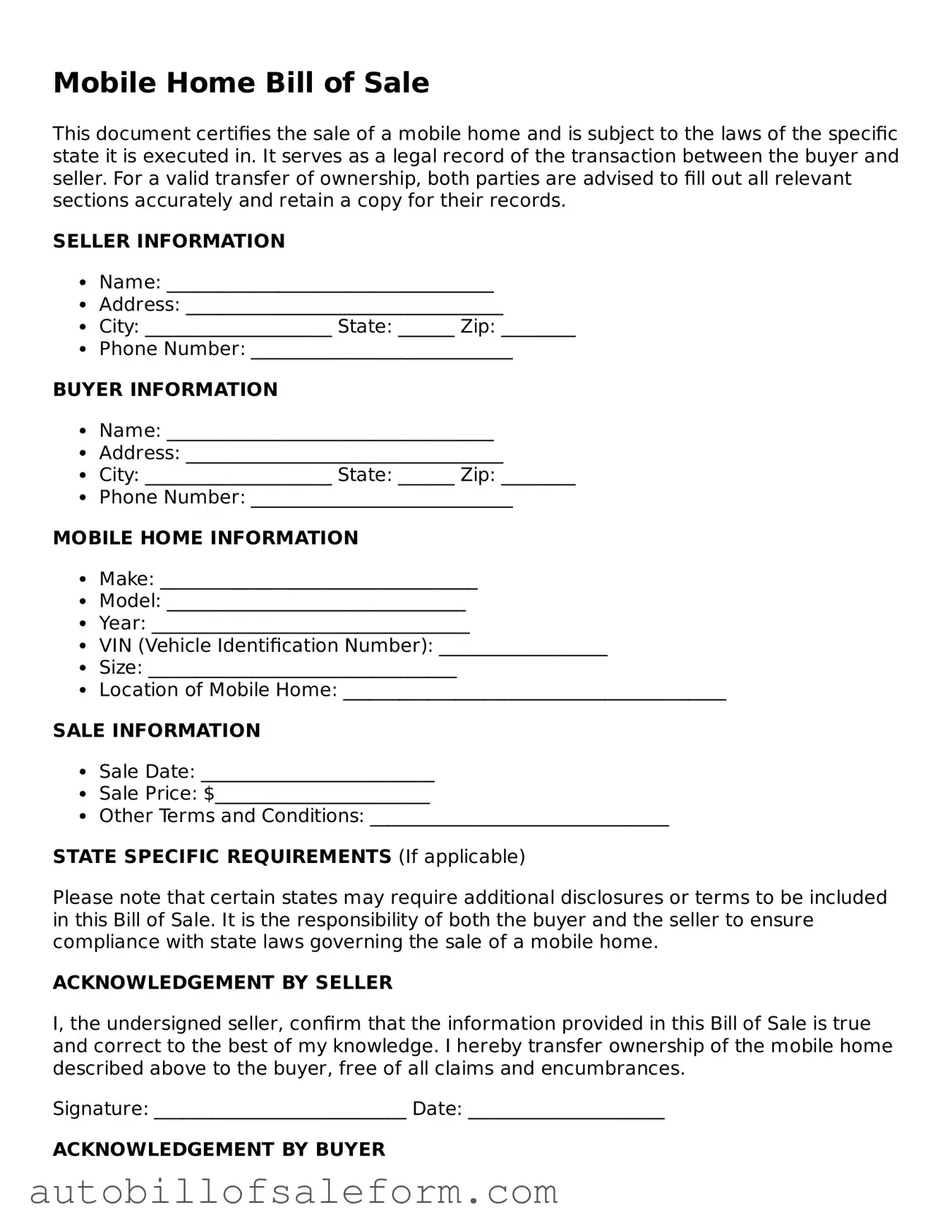 Legal Mobile Home Bill of Sale Form