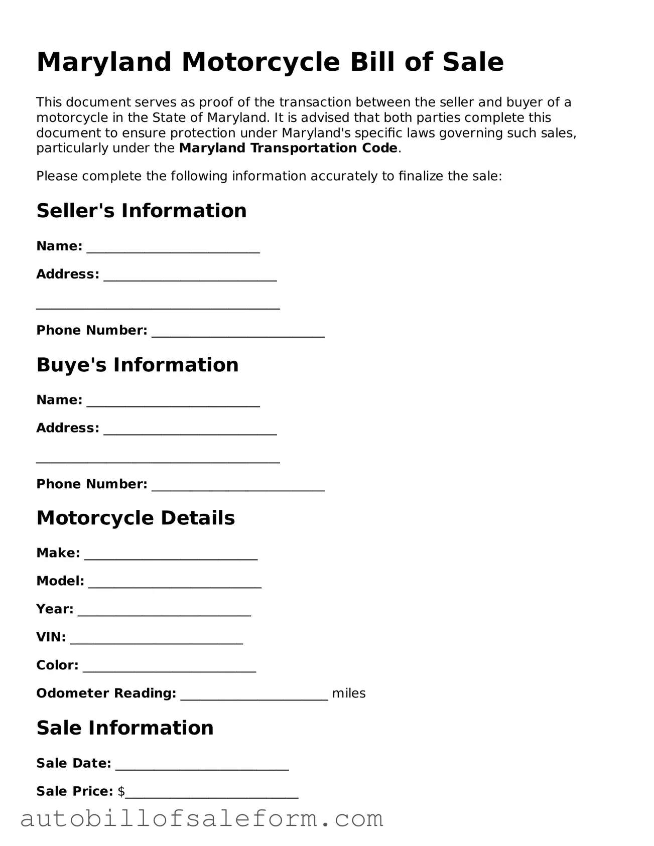 Free  Motorcycle Bill of Sale Template for Maryland