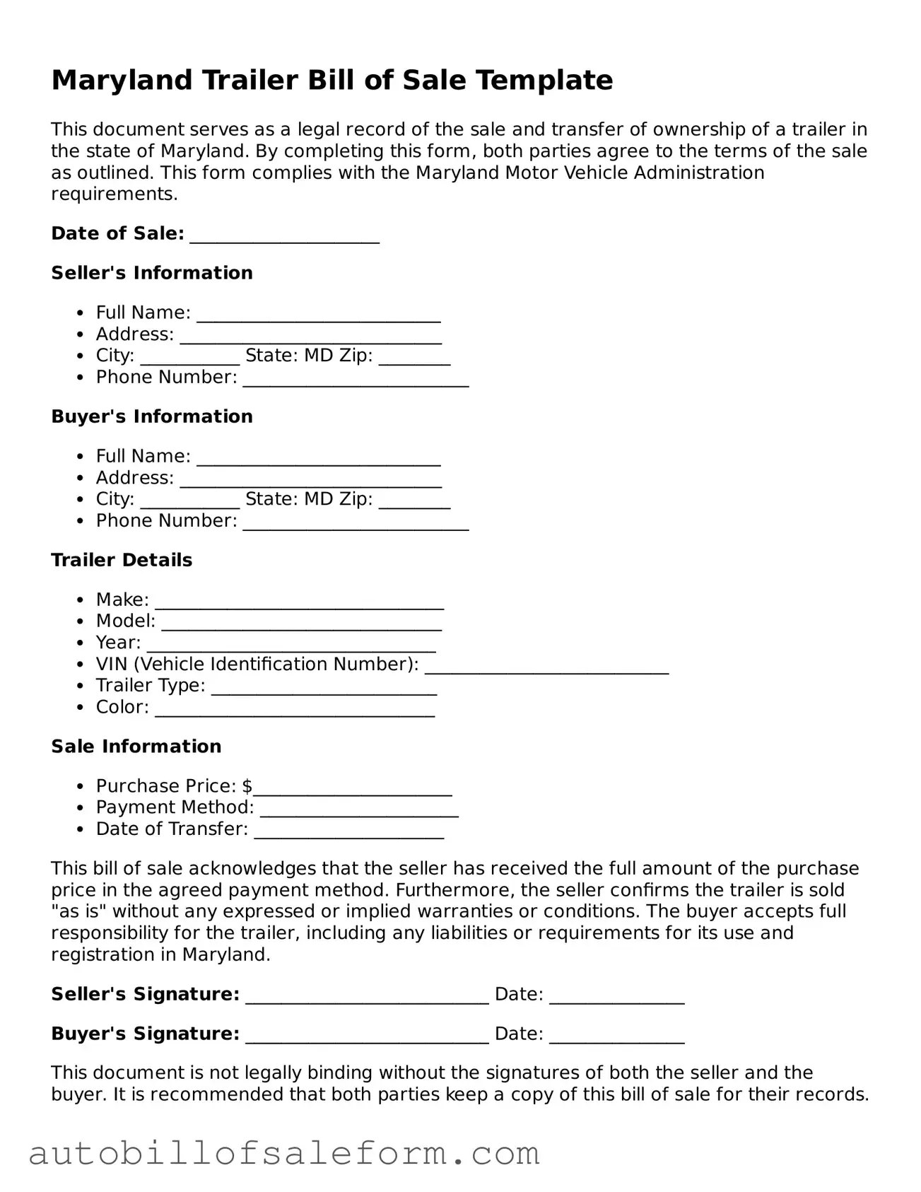 Free  Trailer Bill of Sale Template for Maryland