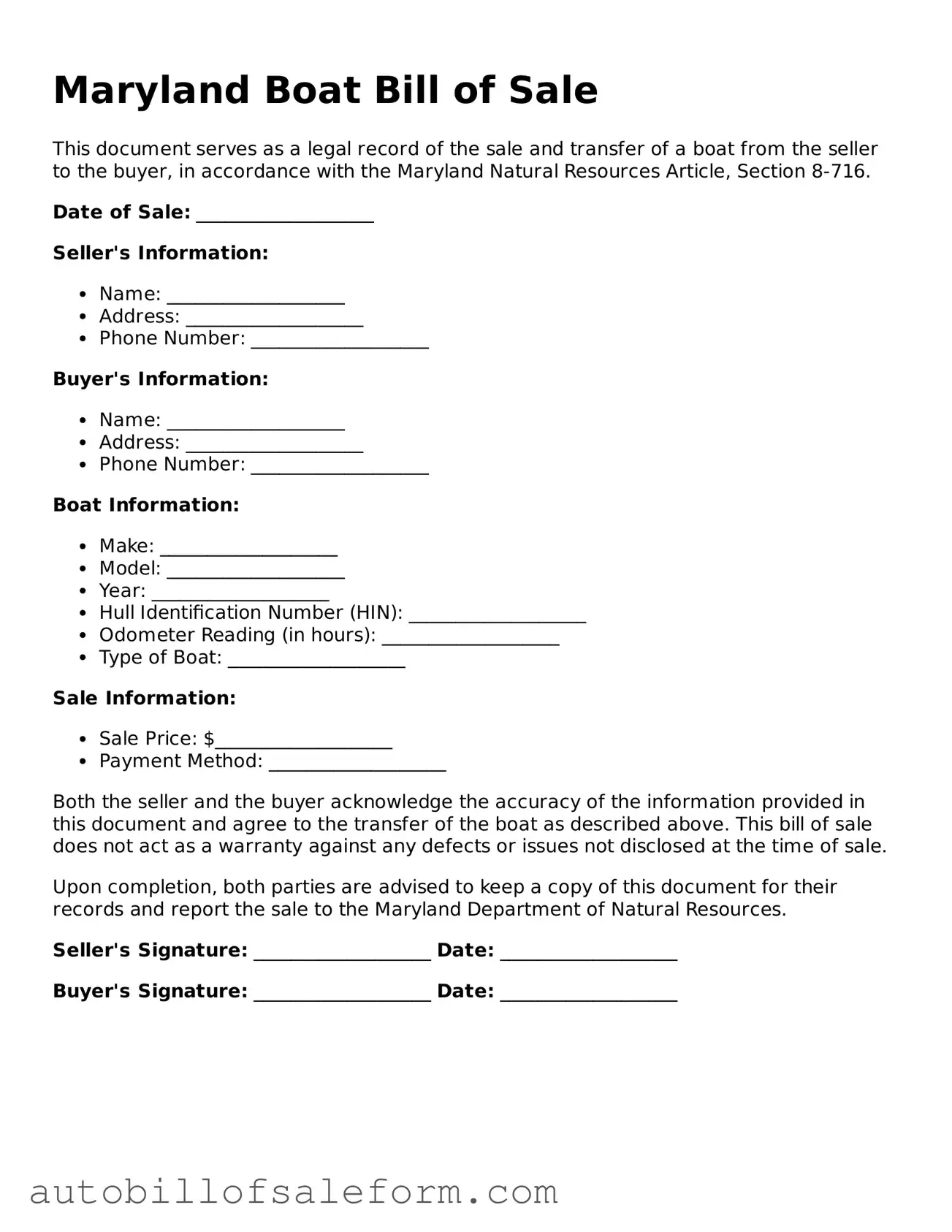 Free  Boat Bill of Sale Template for Maryland