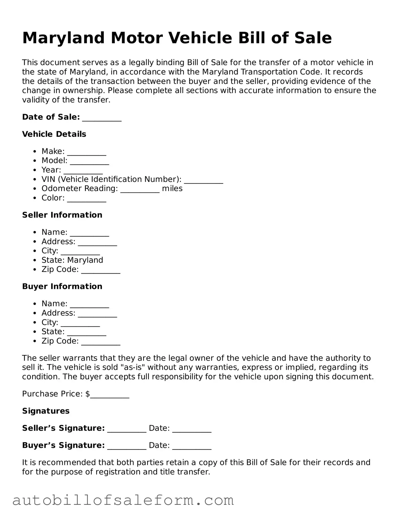 Free  Motor Vehicle Bill of Sale Template for Maryland