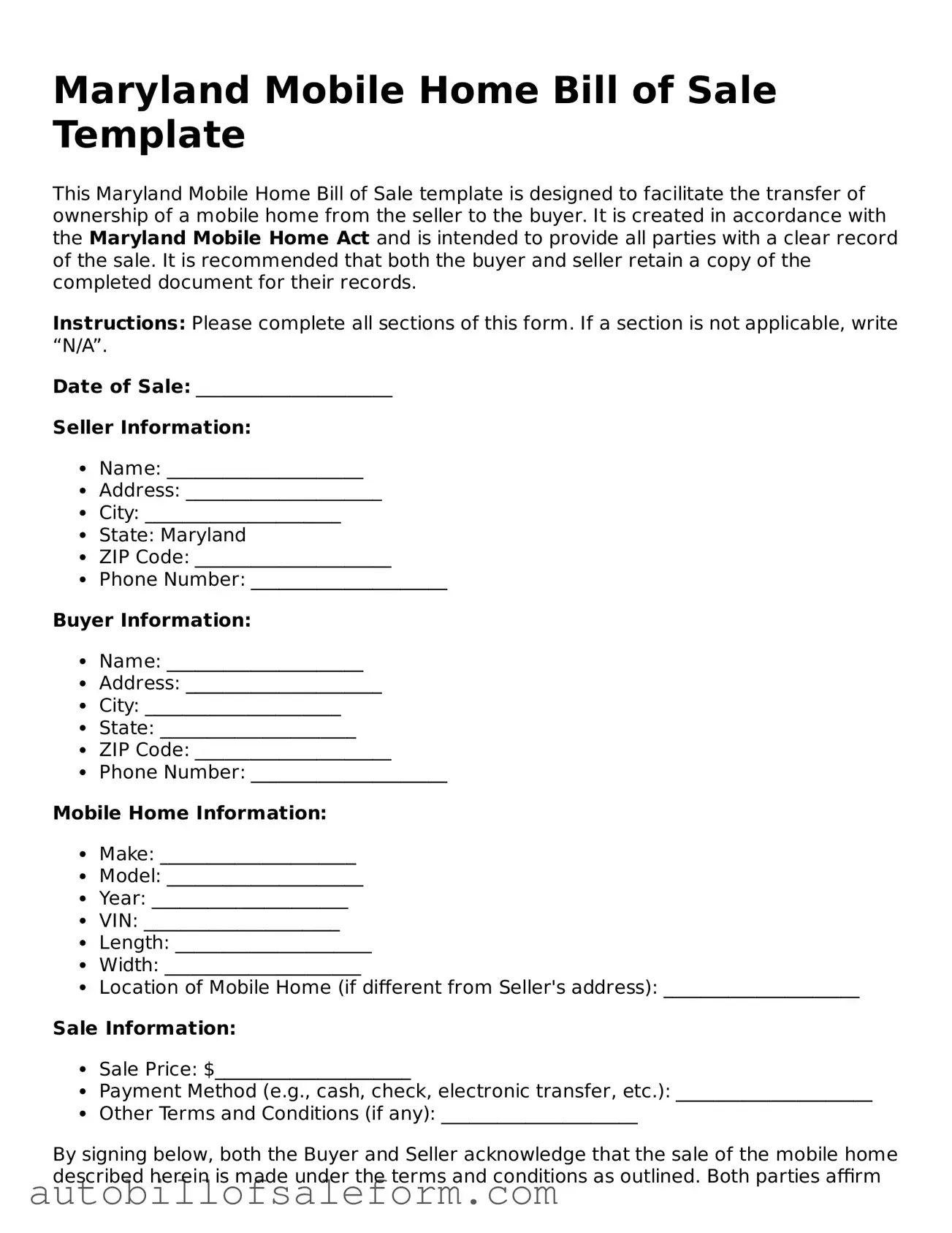 Free  Mobile Home Bill of Sale Template for Maryland