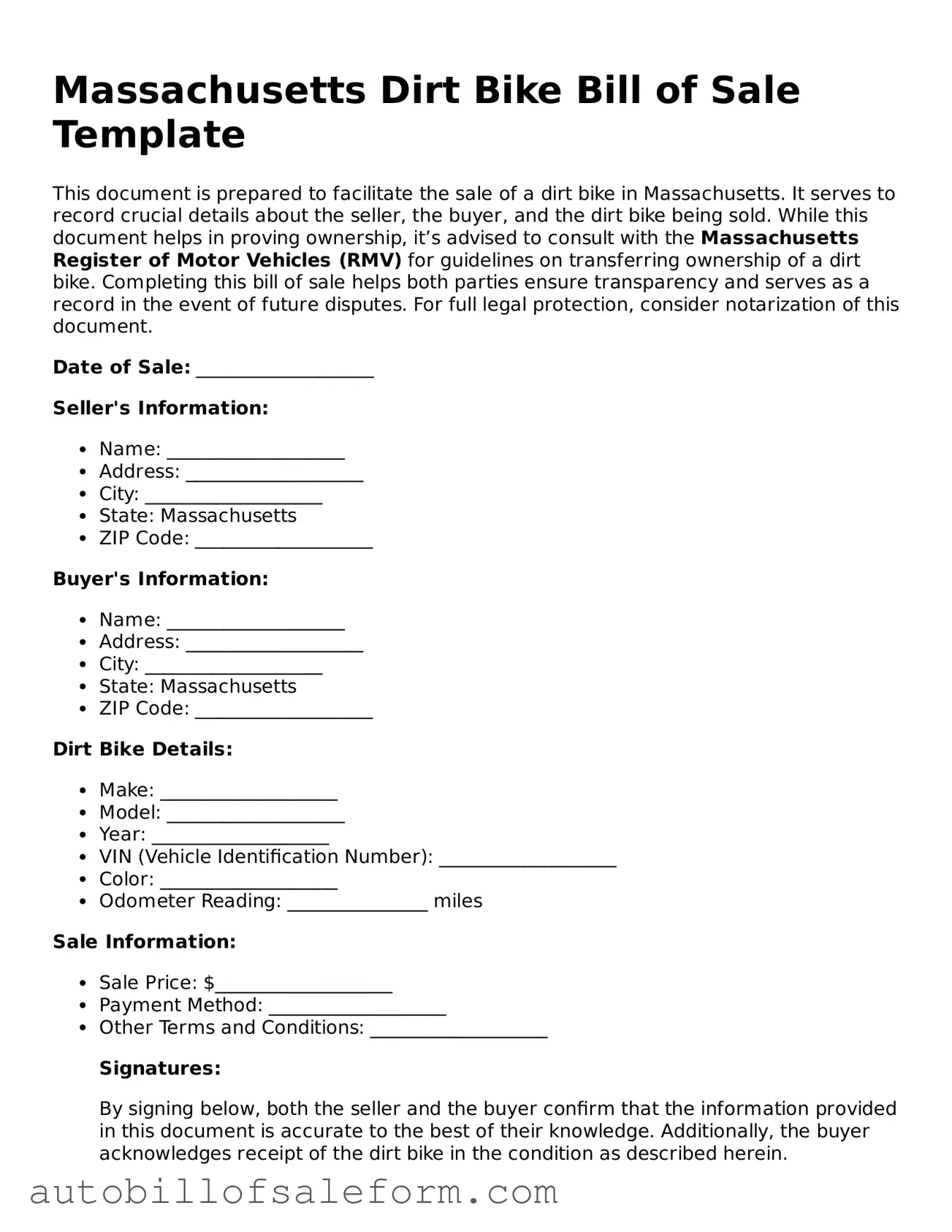 Free  Dirt Bike Bill of Sale Template for Massachusetts