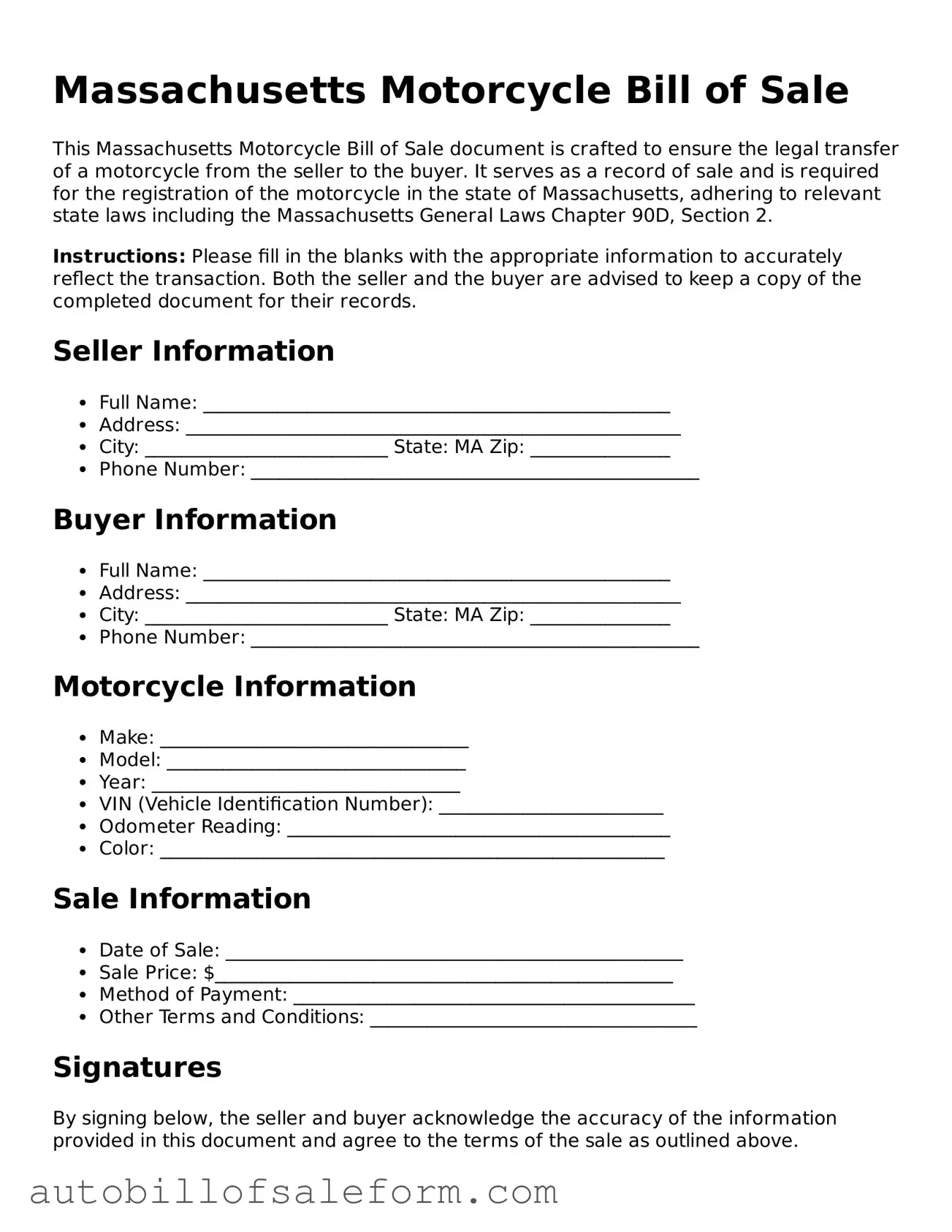 Free  Motorcycle Bill of Sale Template for Massachusetts