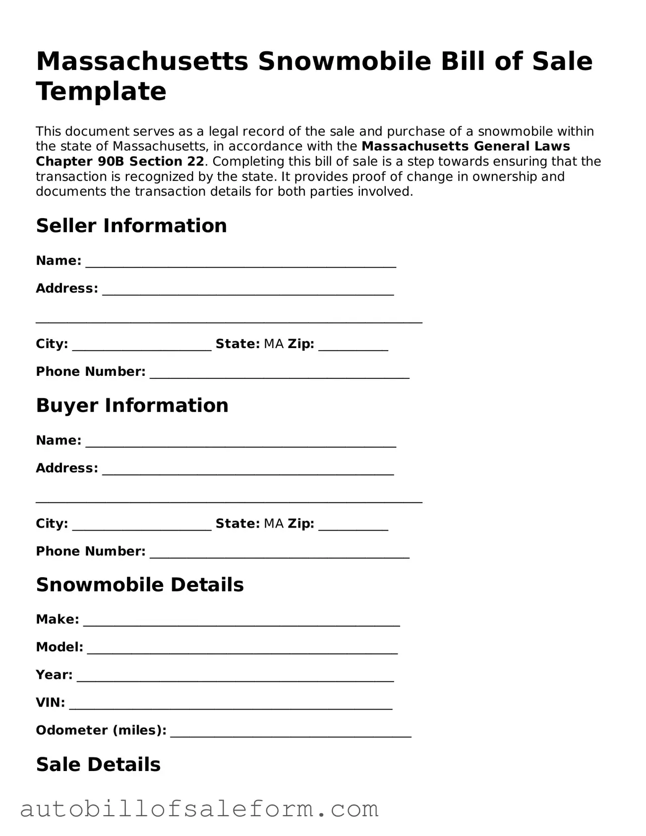 Free  Snowmobile Bill of Sale Template for Massachusetts
