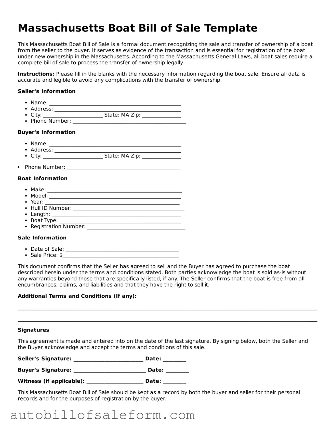 Free  Boat Bill of Sale Template for Massachusetts