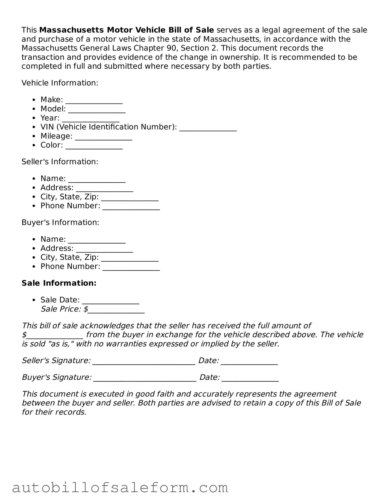Free  Motor Vehicle Bill of Sale Template for Massachusetts