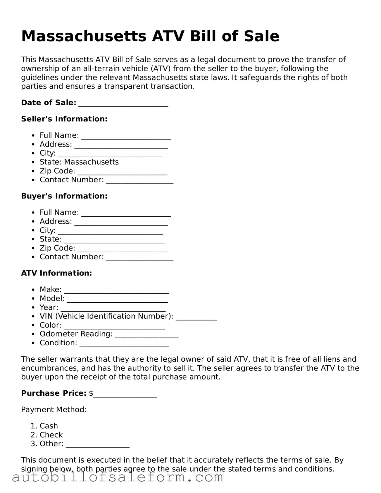 Free  ATV Bill of Sale Template for Massachusetts