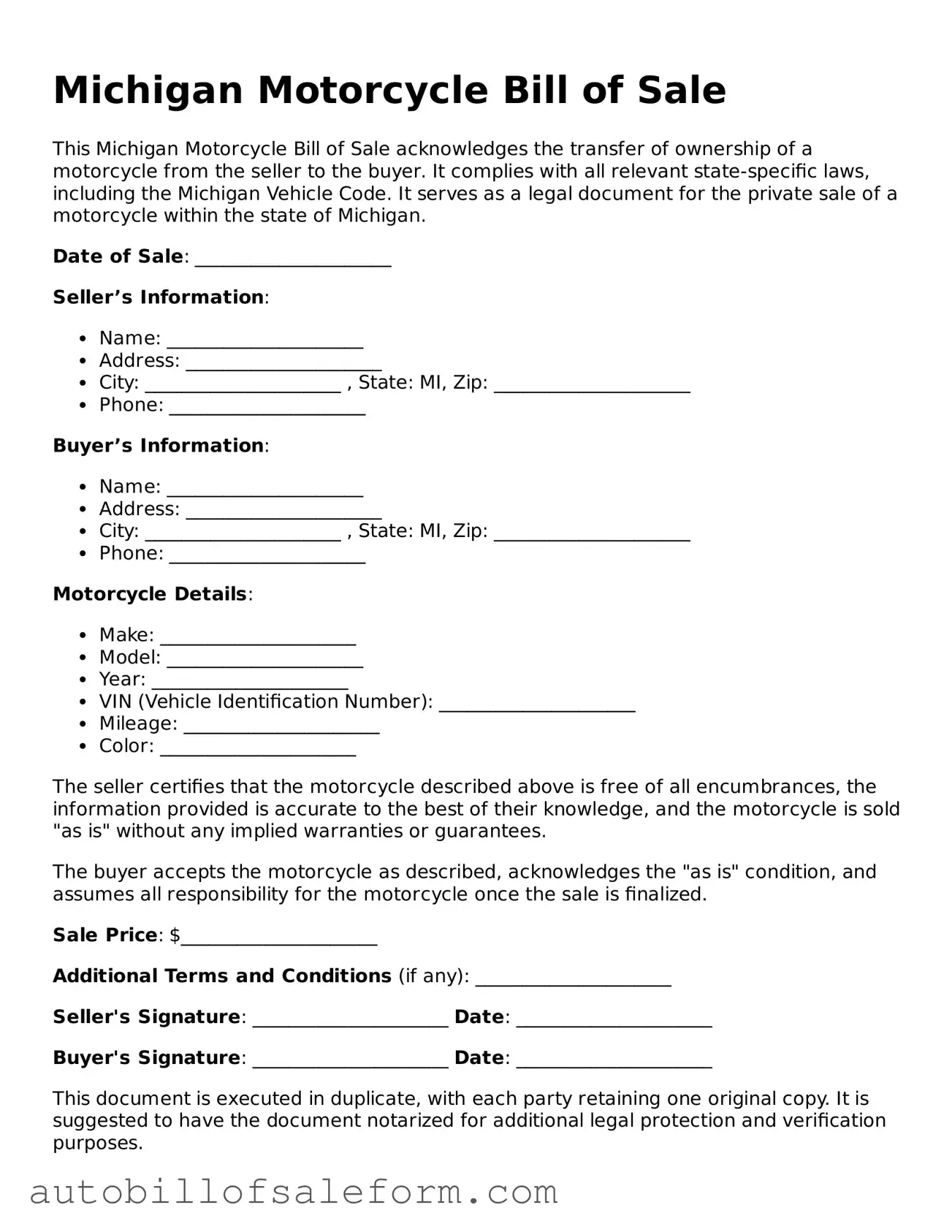 Free  Motorcycle Bill of Sale Template for Michigan