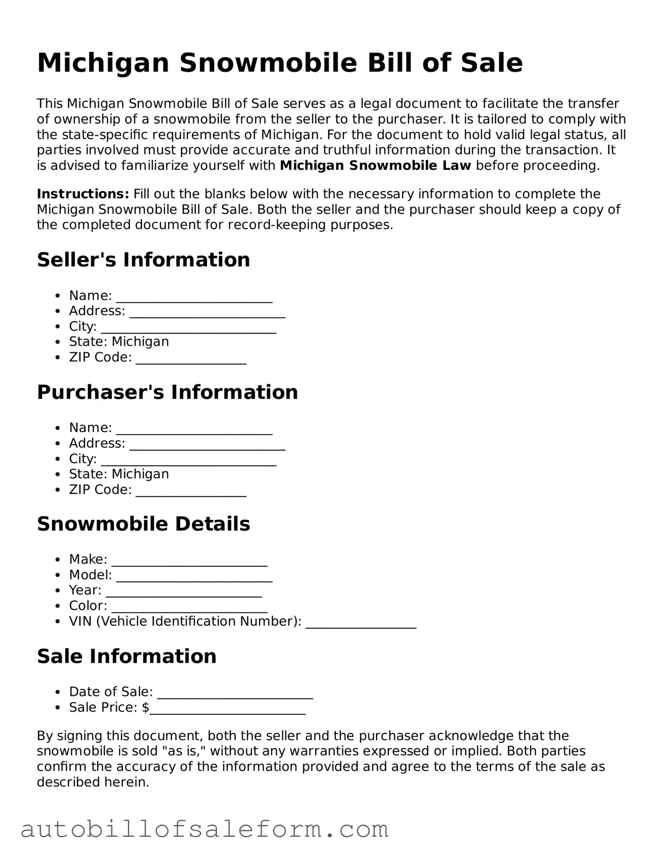 Free  Snowmobile Bill of Sale Template for Michigan