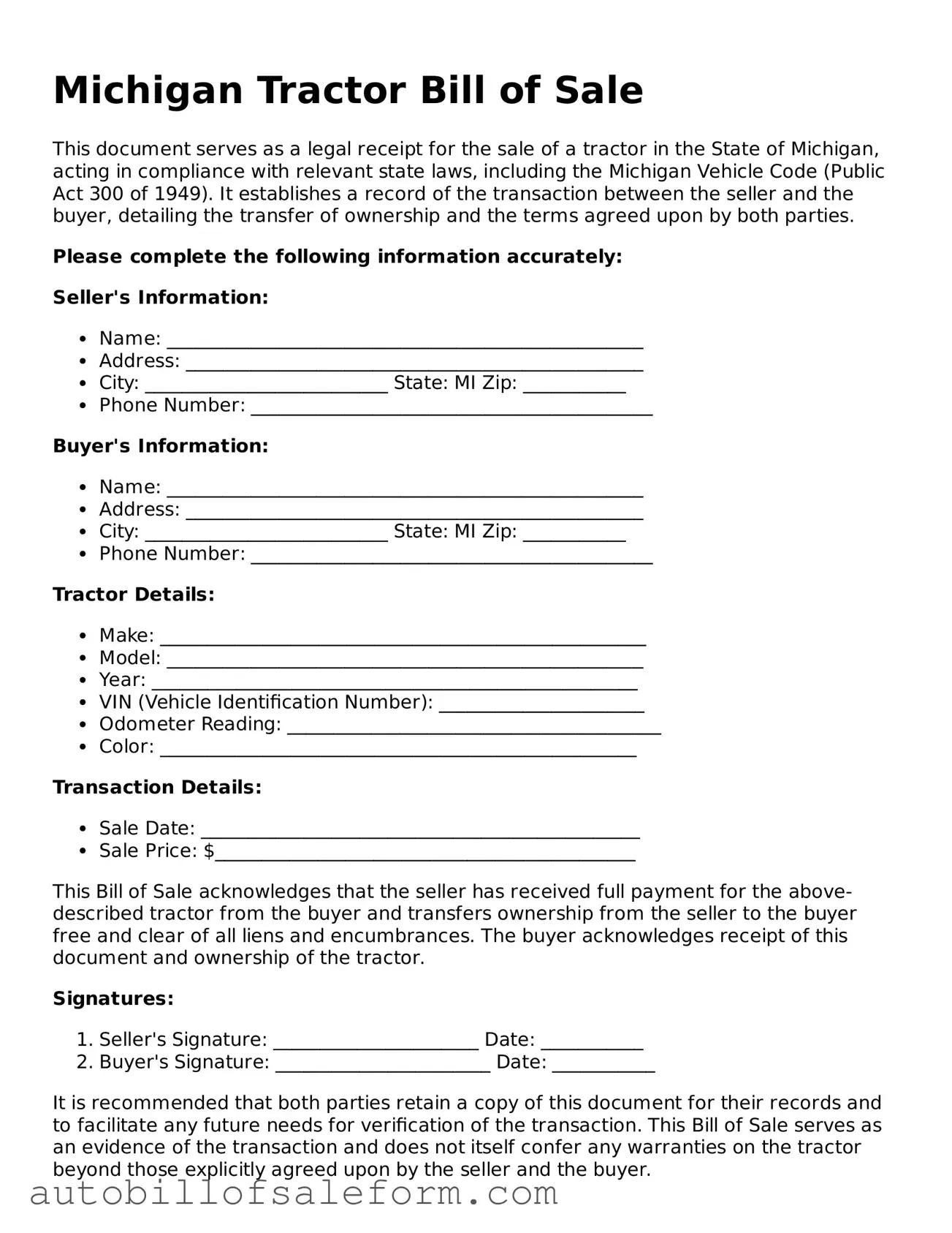 Free  Tractor Bill of Sale Template for Michigan