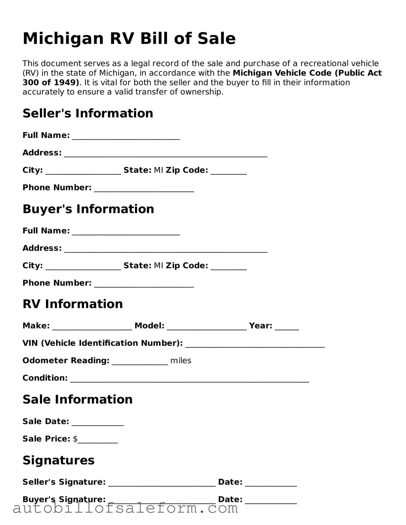 Free  RV Bill of Sale Template for Michigan