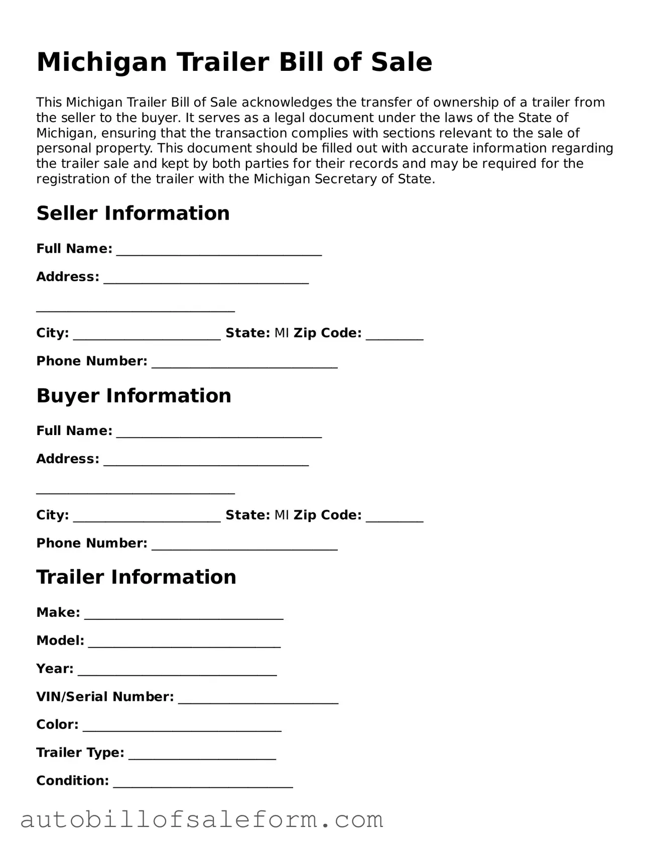 Free  Trailer Bill of Sale Template for Michigan