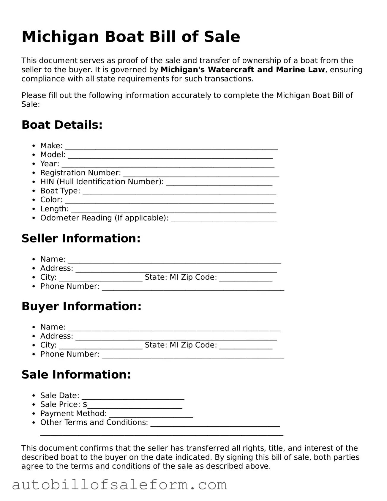 Free  Boat Bill of Sale Template for Michigan