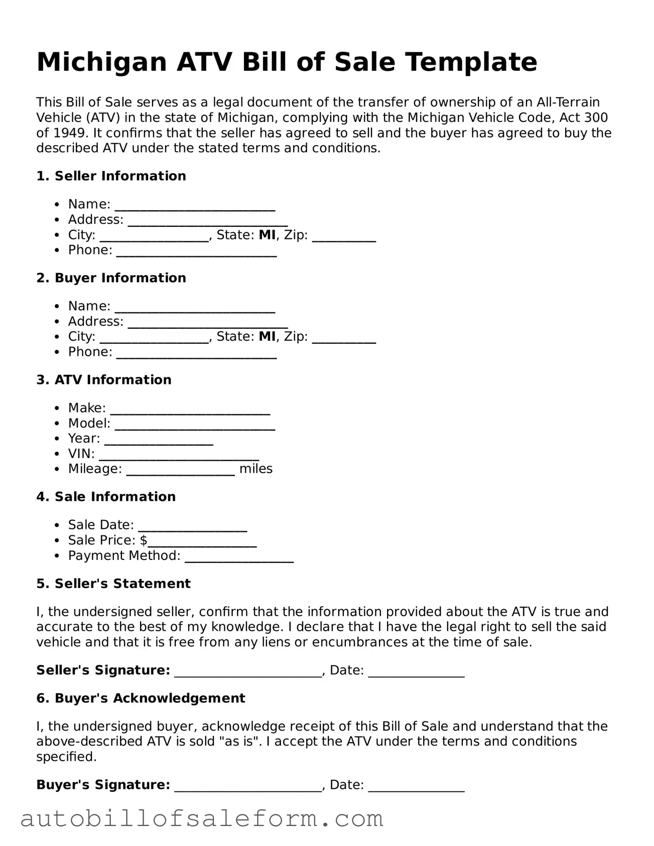 Free  ATV Bill of Sale Template for Michigan