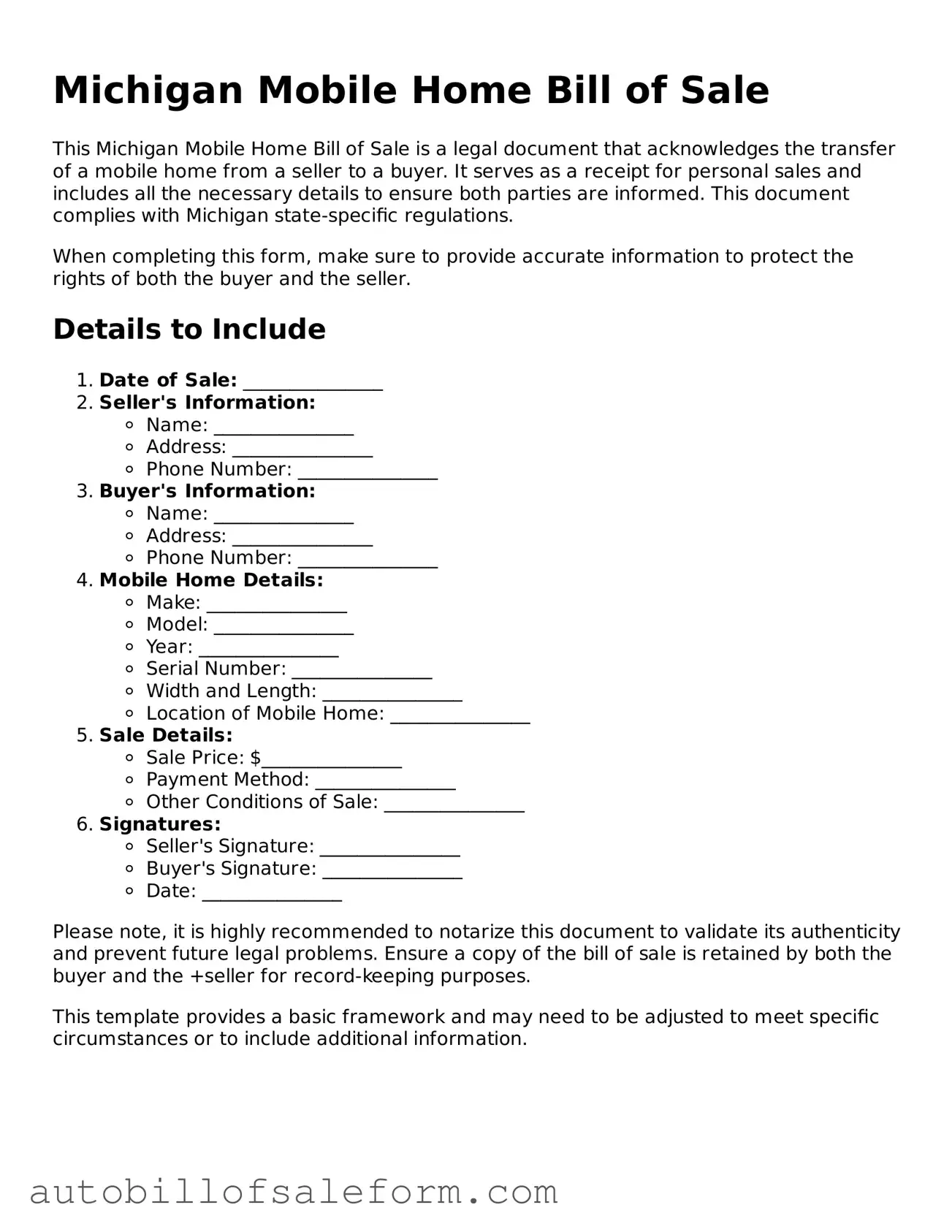 Free  Mobile Home Bill of Sale Template for Michigan