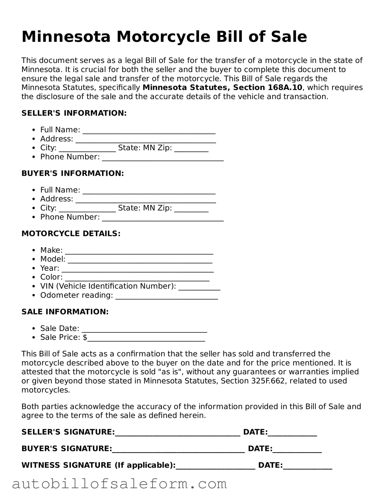 Free  Motorcycle Bill of Sale Template for Minnesota