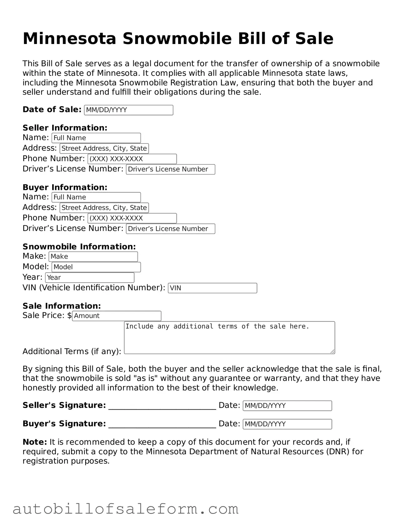 Free  Snowmobile Bill of Sale Template for Minnesota