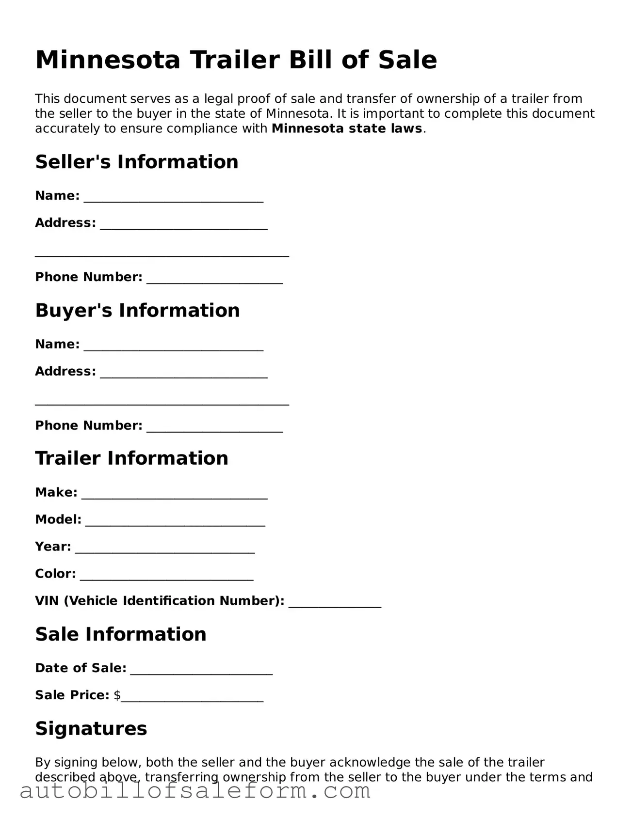 Free  Trailer Bill of Sale Template for Minnesota