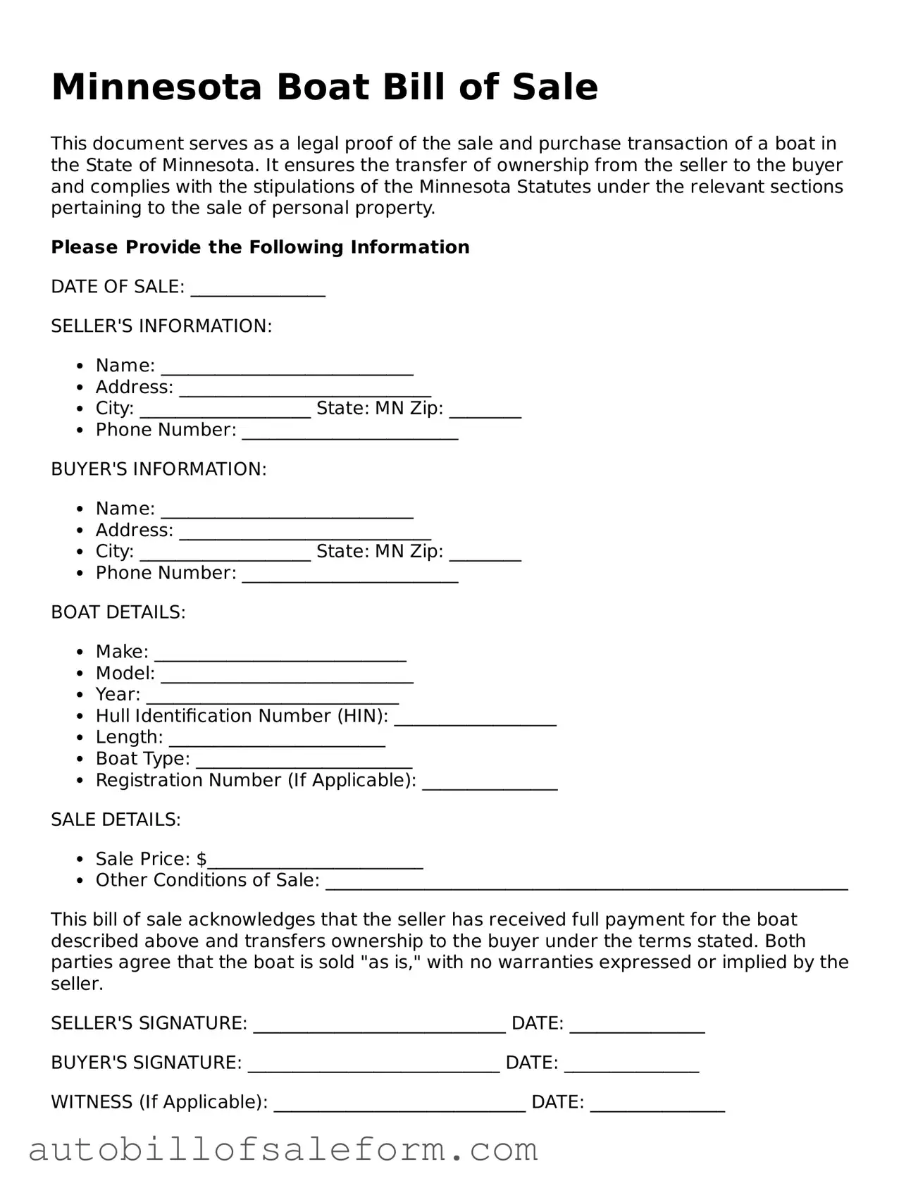 Free  Boat Bill of Sale Template for Minnesota
