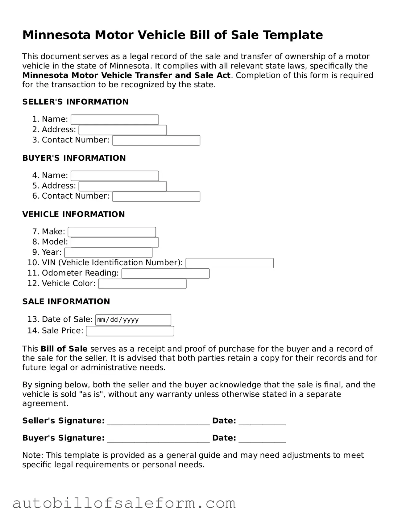 Free  Motor Vehicle Bill of Sale Template for Minnesota