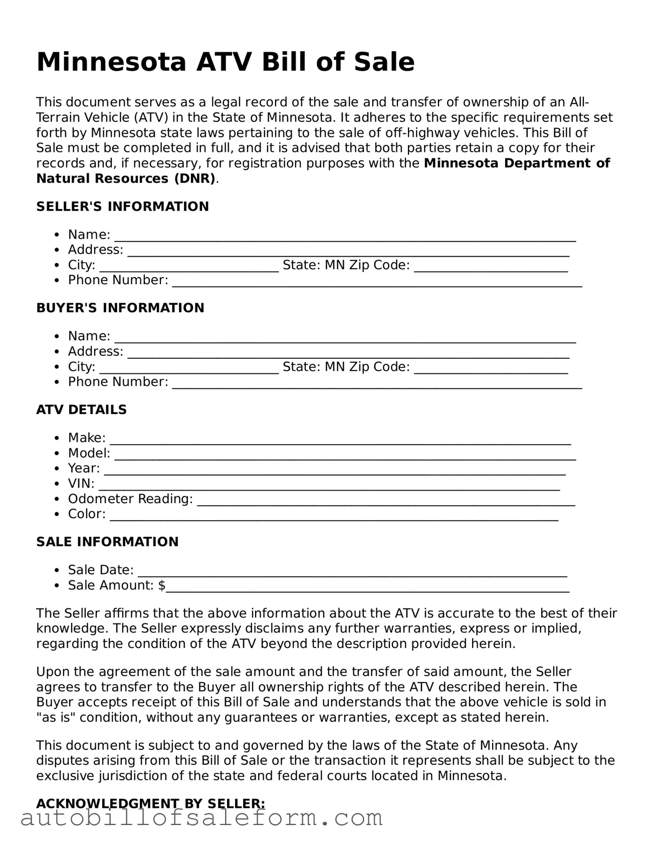 Free  ATV Bill of Sale Template for Minnesota