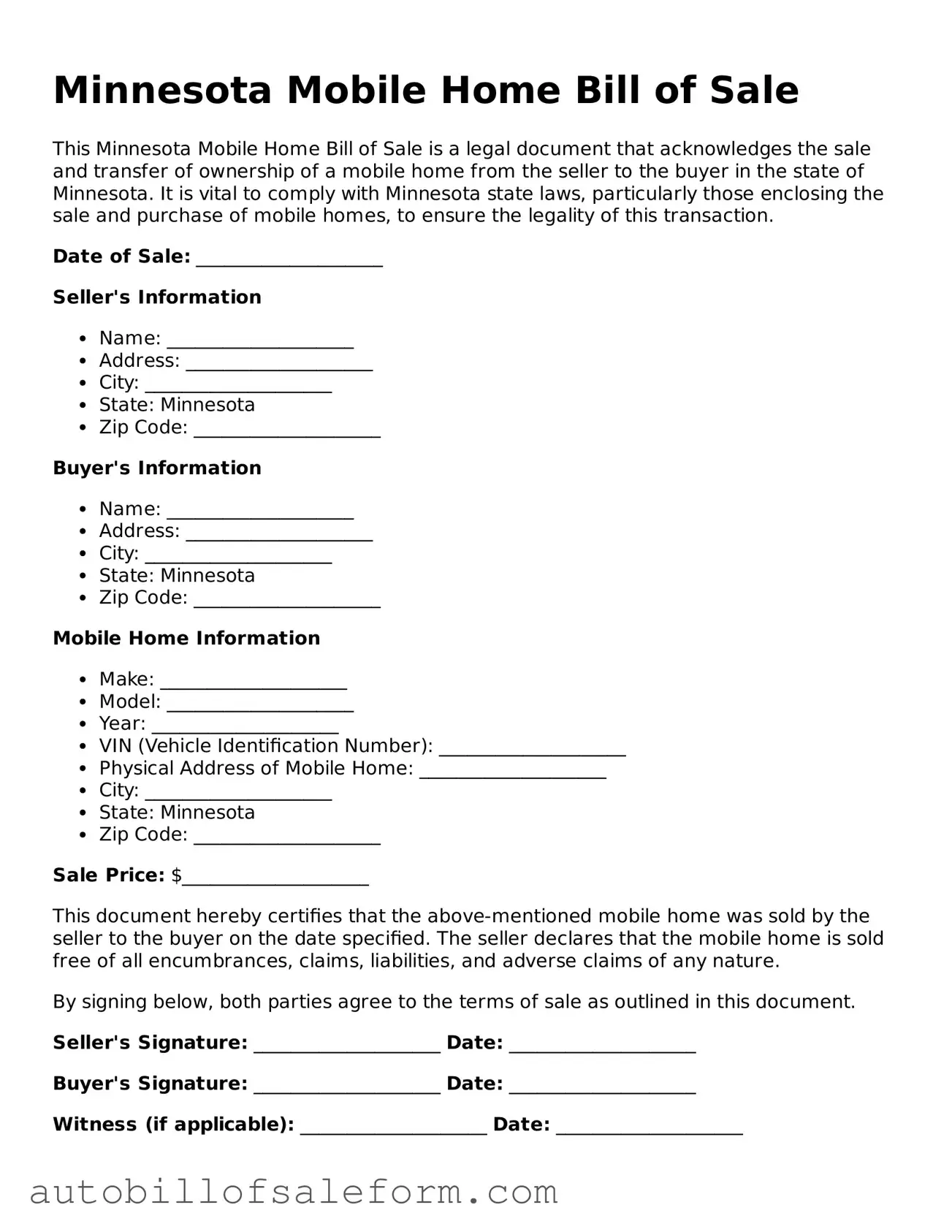 Free  Mobile Home Bill of Sale Template for Minnesota