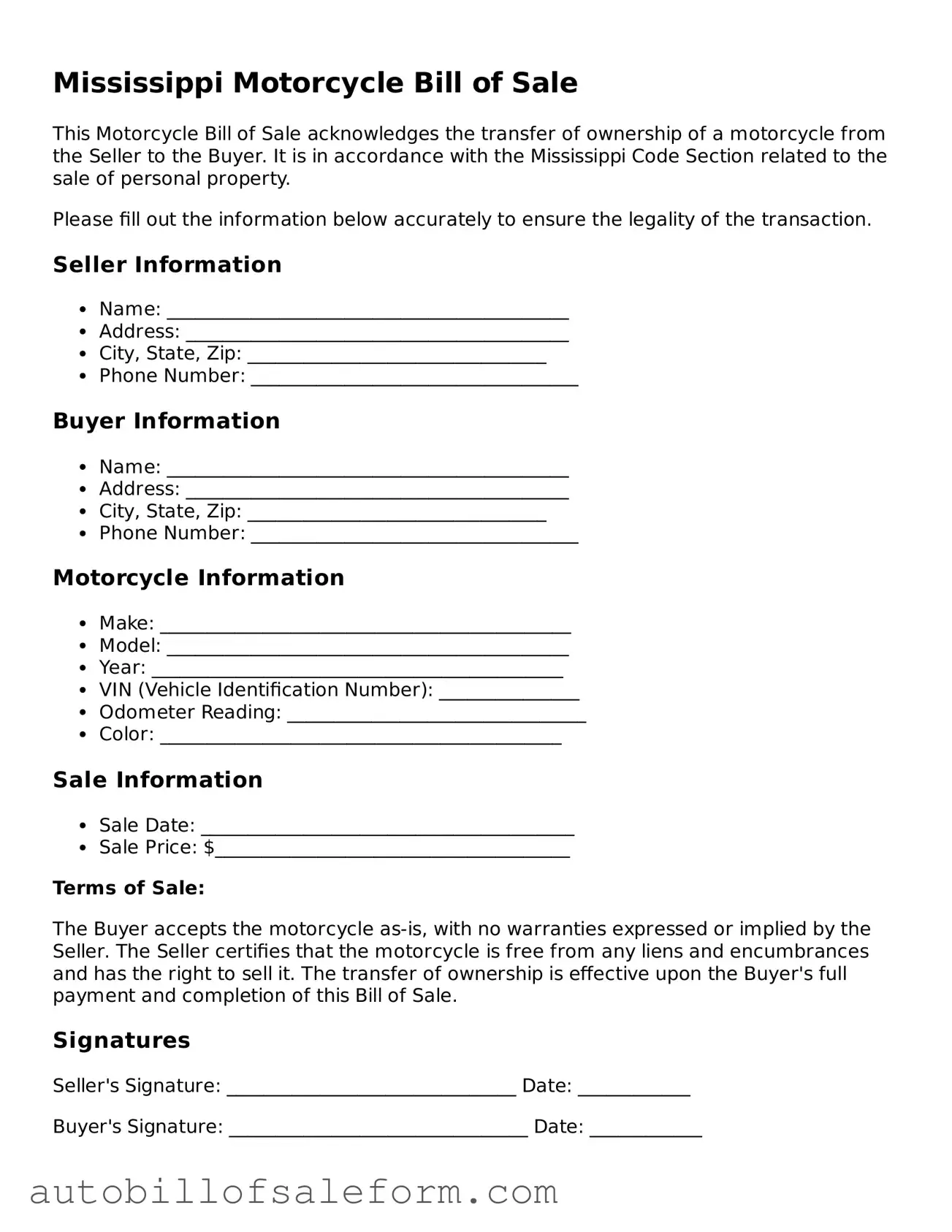 Free  Motorcycle Bill of Sale Template for Mississippi