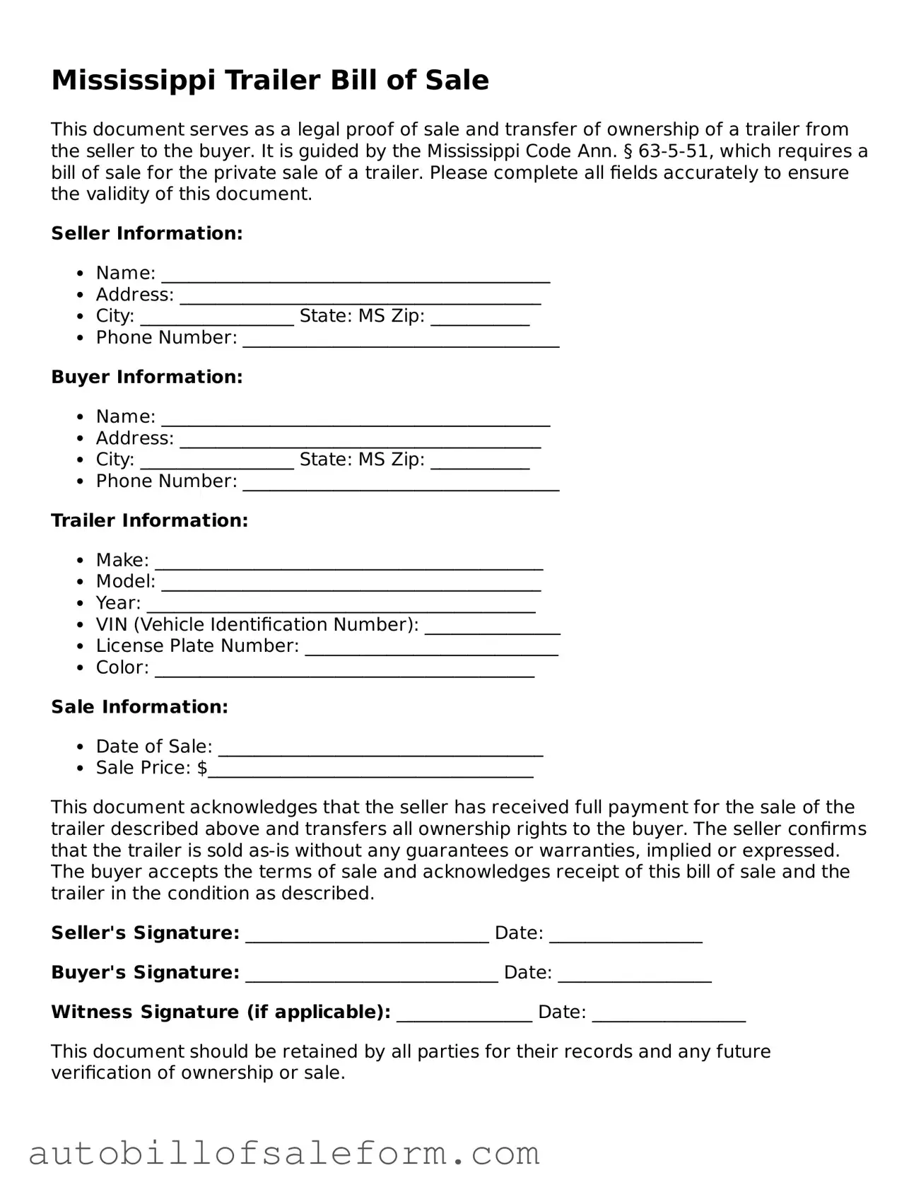 Free  Trailer Bill of Sale Template for Mississippi