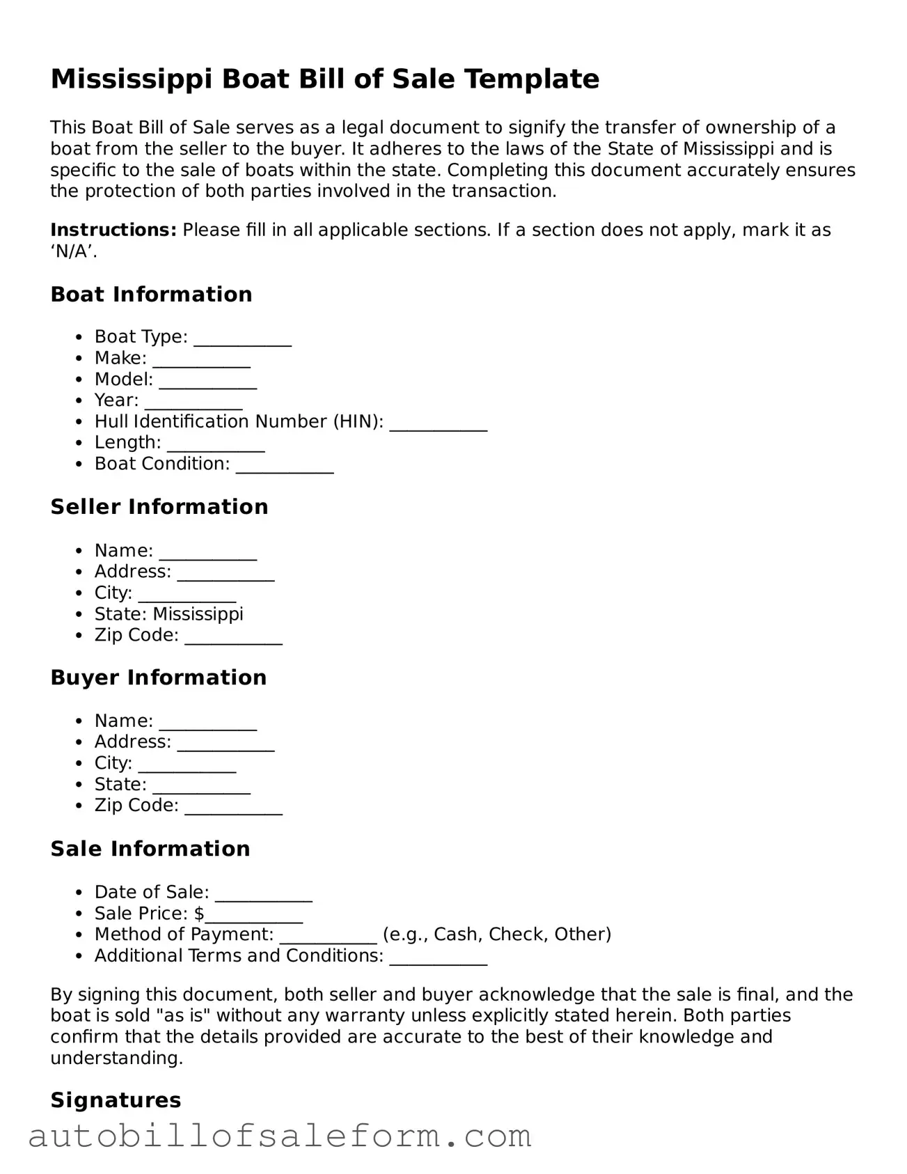 Free  Boat Bill of Sale Template for Mississippi