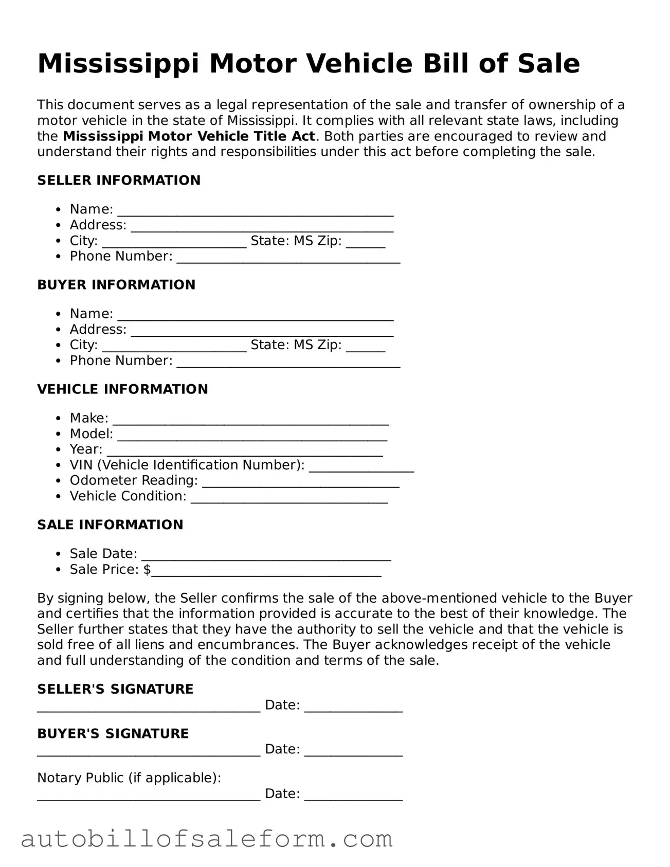 Free  Motor Vehicle Bill of Sale Template for Mississippi