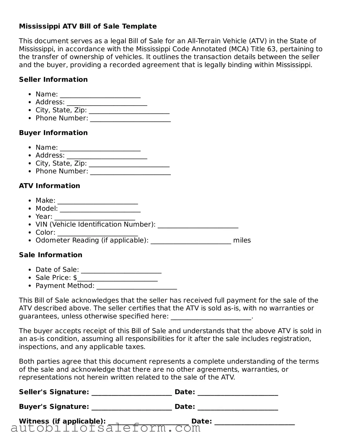 Free  ATV Bill of Sale Template for Mississippi