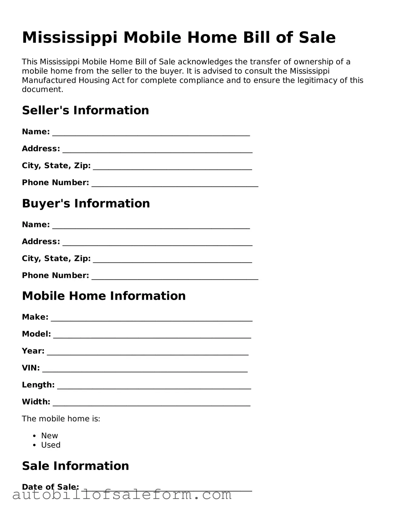 Free  Mobile Home Bill of Sale Template for Mississippi