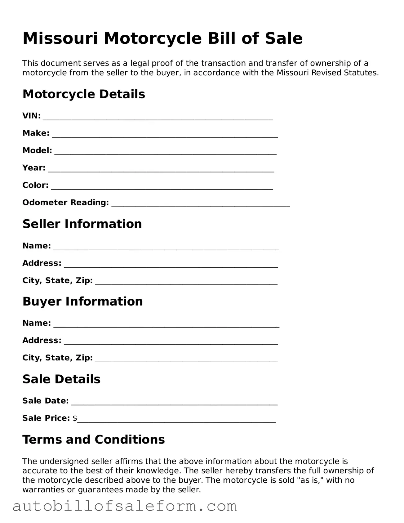 Free  Motorcycle Bill of Sale Template for Missouri