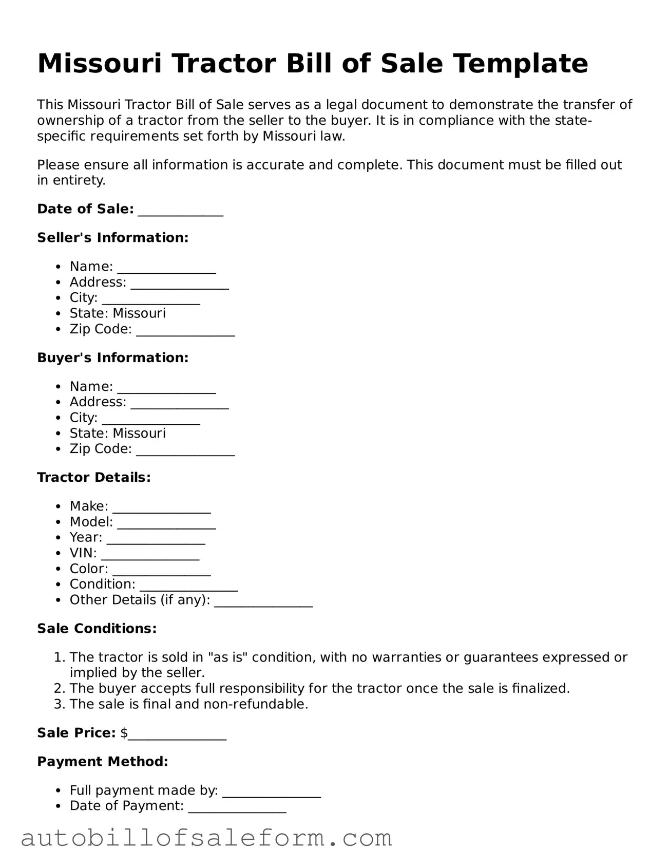 Free  Tractor Bill of Sale Template for Missouri