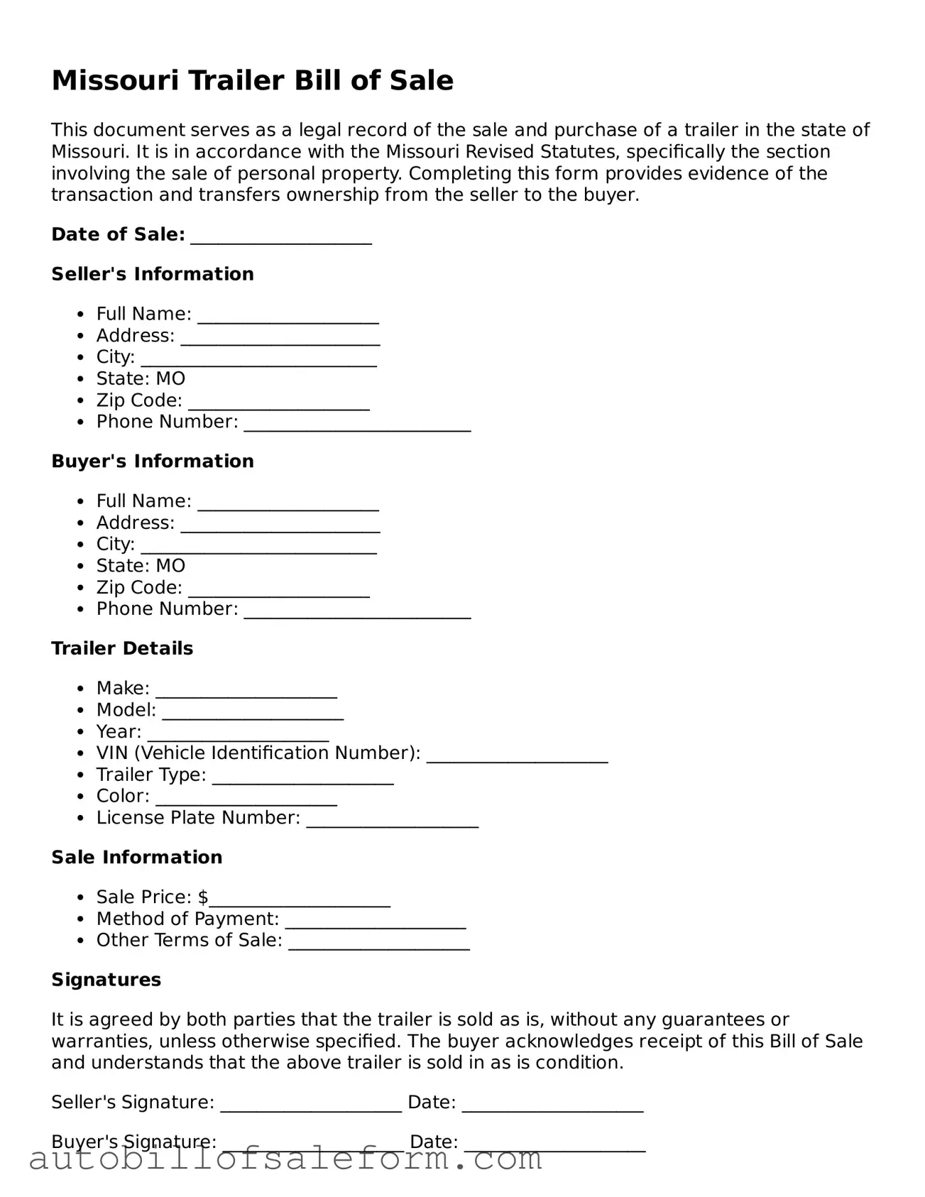 Free  Trailer Bill of Sale Template for Missouri
