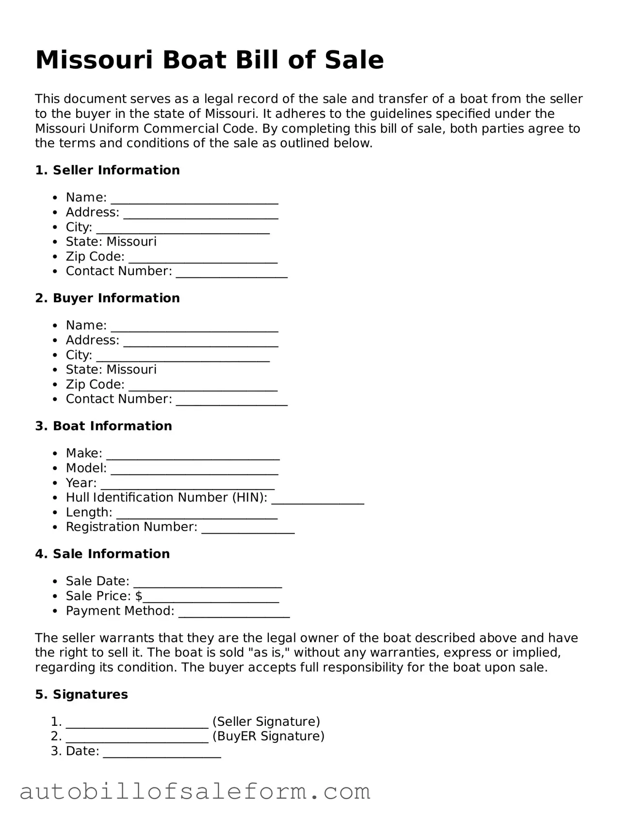 Free  Boat Bill of Sale Template for Missouri