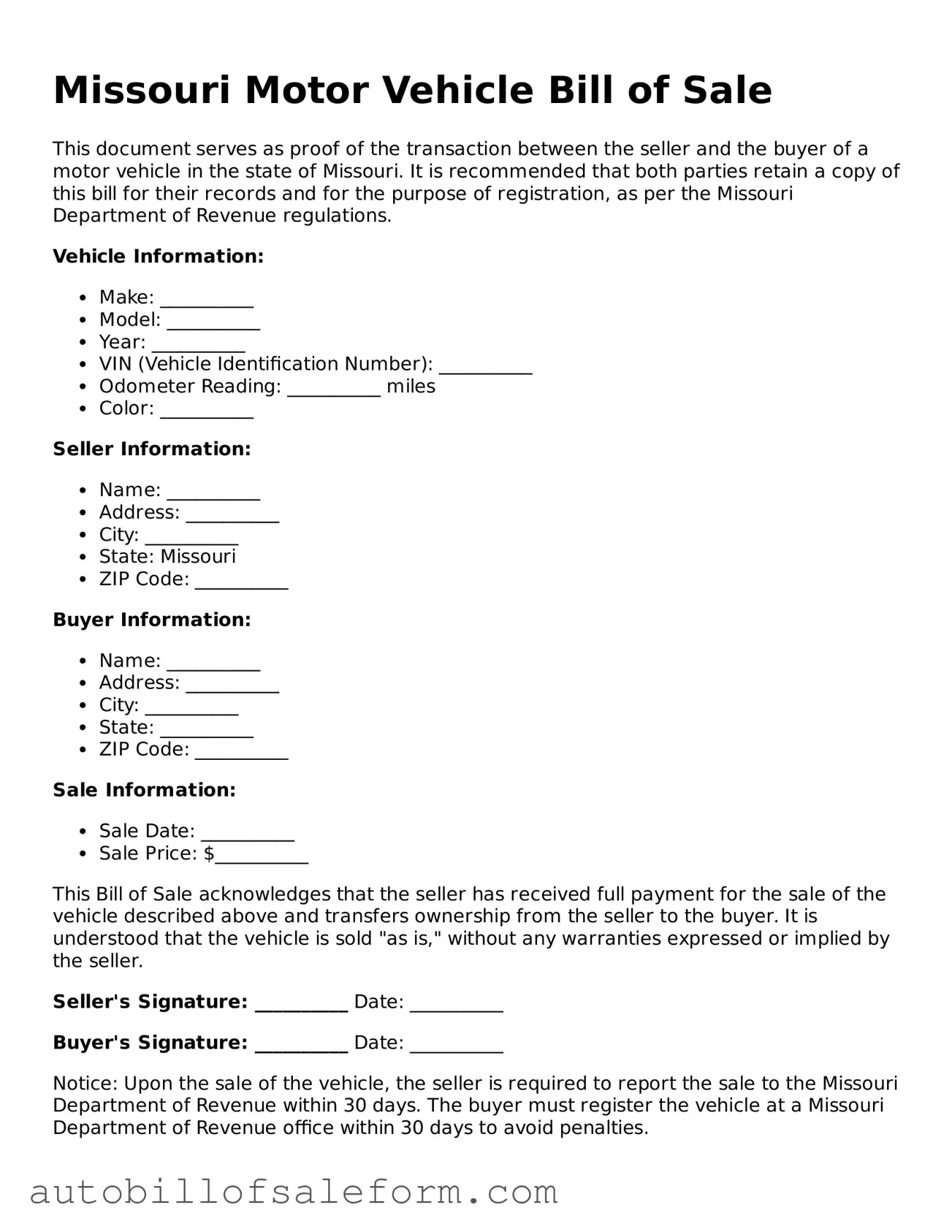 Free  Motor Vehicle Bill of Sale Template for Missouri