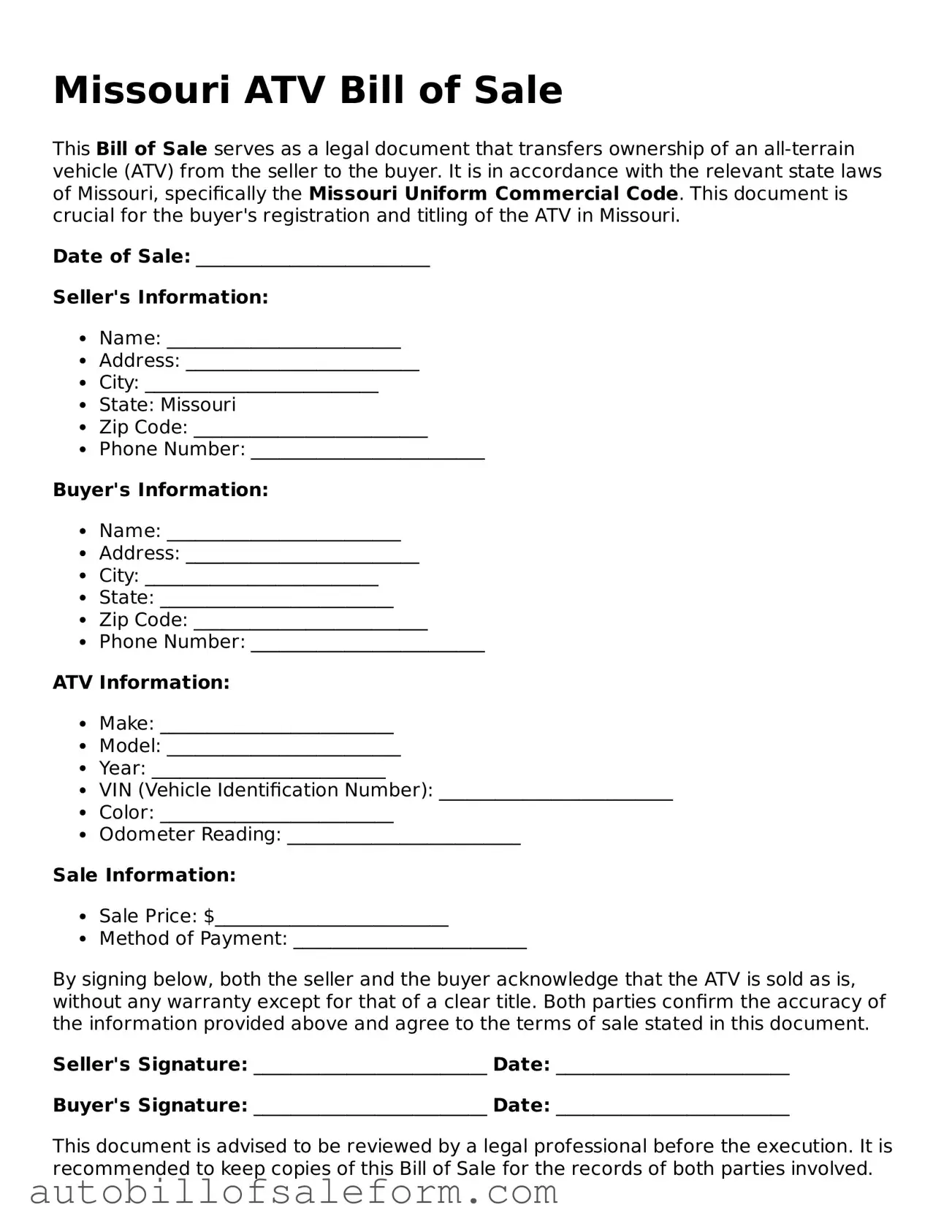 Free  ATV Bill of Sale Template for Missouri