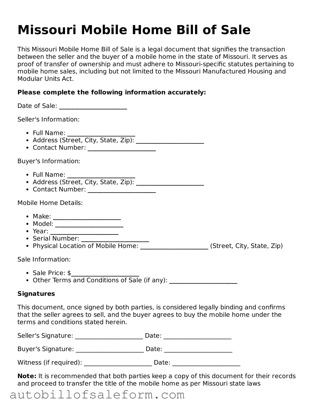 Free  Mobile Home Bill of Sale Template for Missouri
