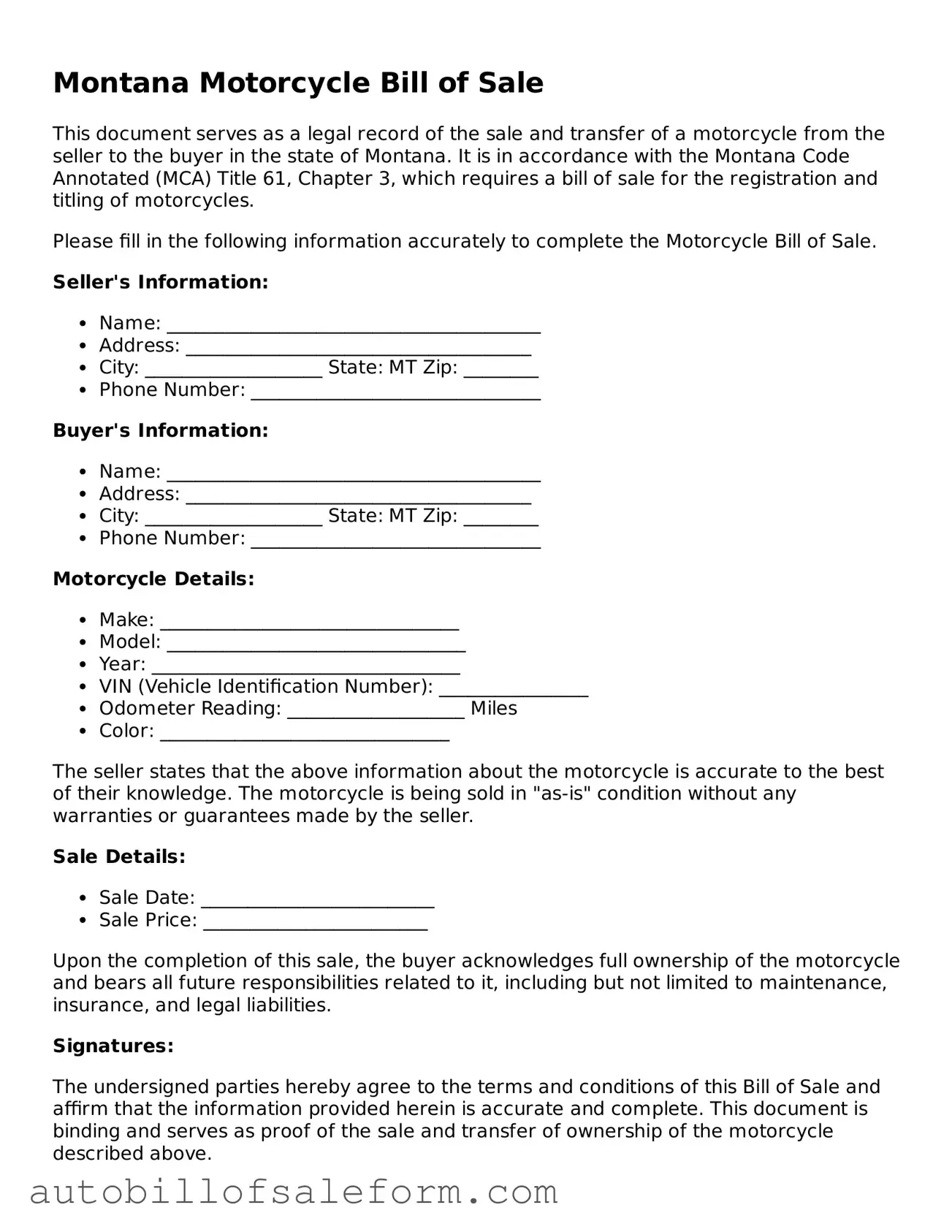 Free  Motorcycle Bill of Sale Template for Montana