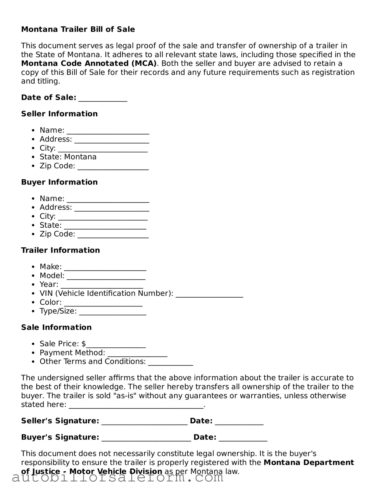 Free  Trailer Bill of Sale Template for Montana