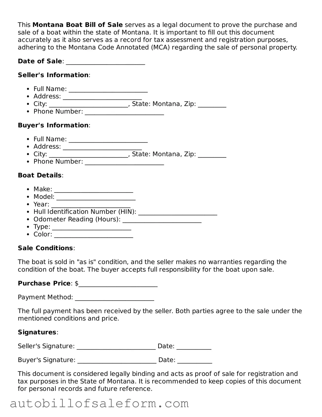 Free  Boat Bill of Sale Template for Montana