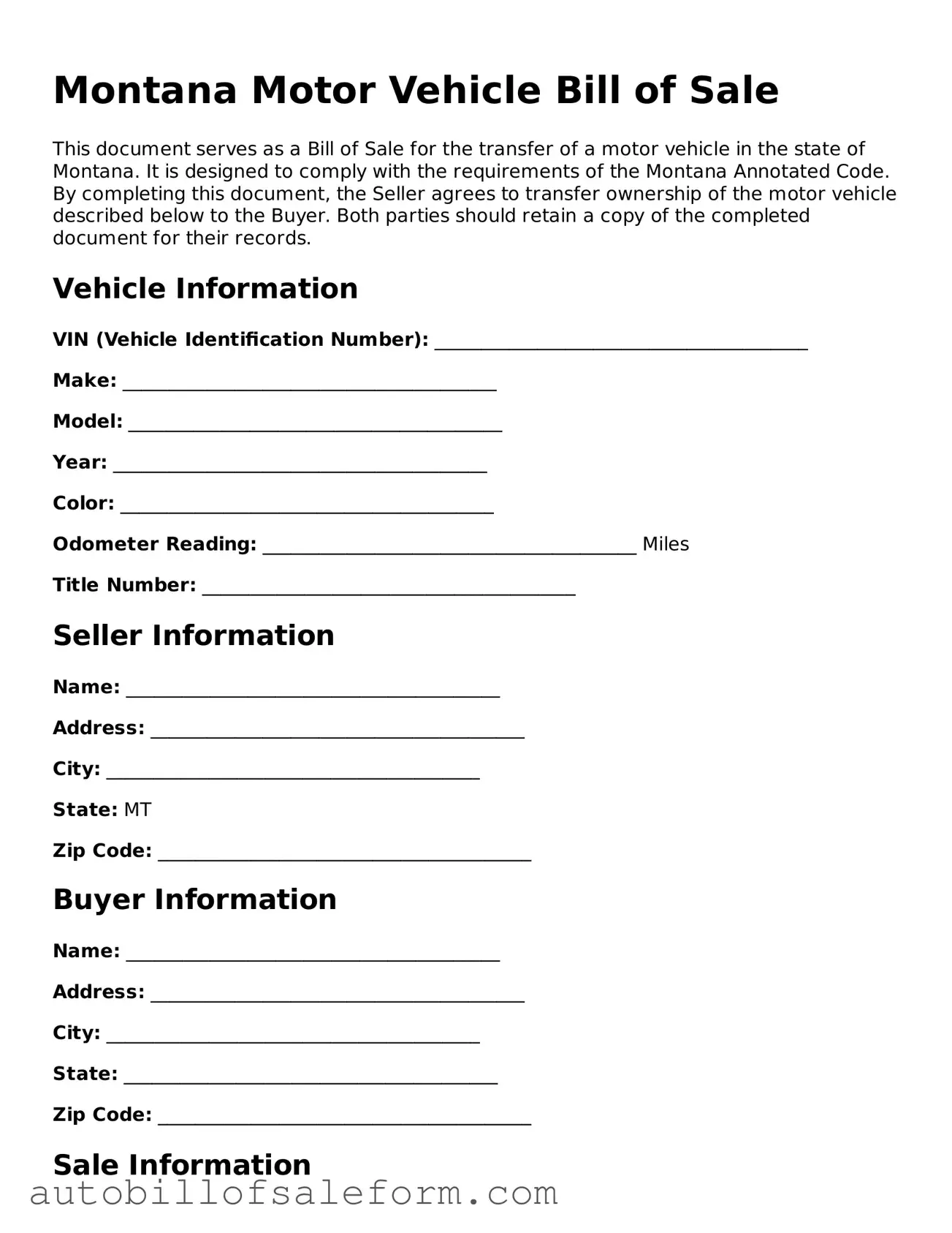 Free  Motor Vehicle Bill of Sale Template for Montana