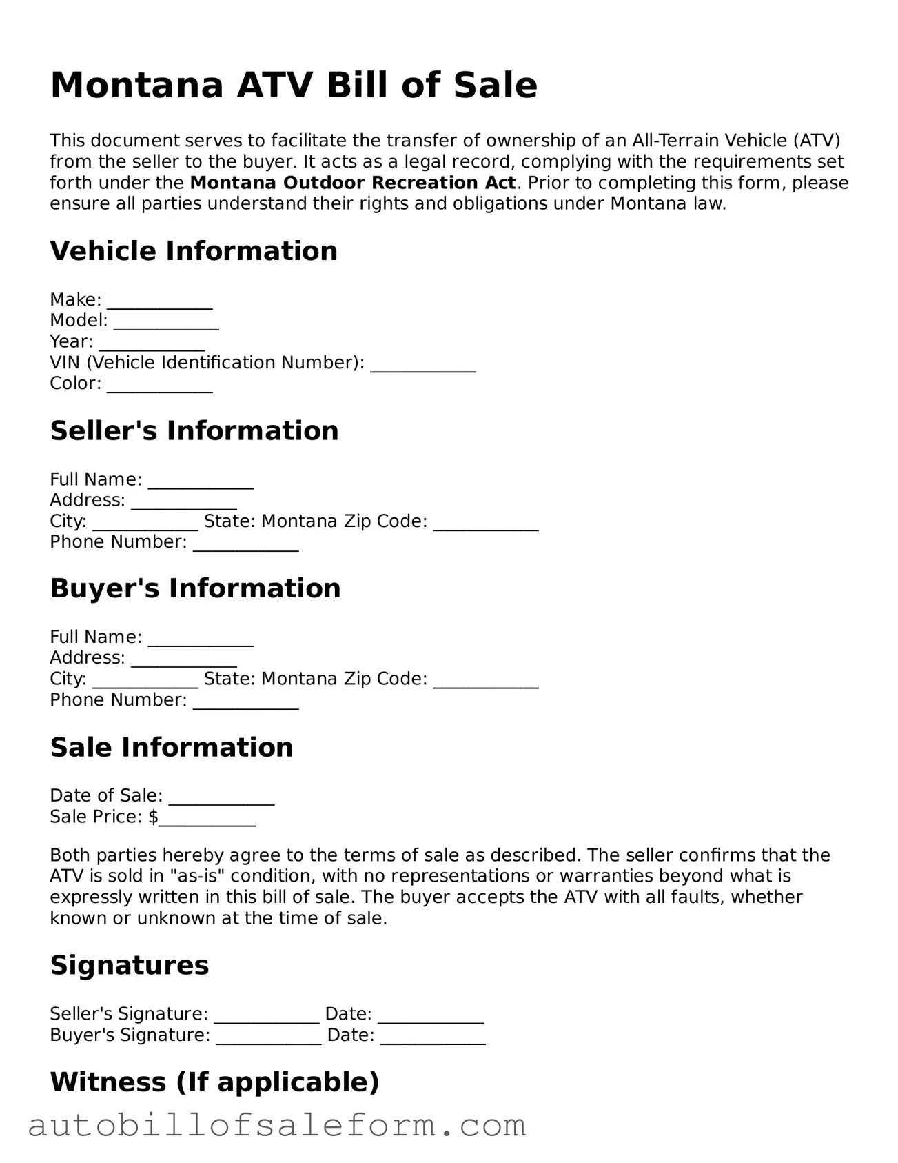 Free  ATV Bill of Sale Template for Montana