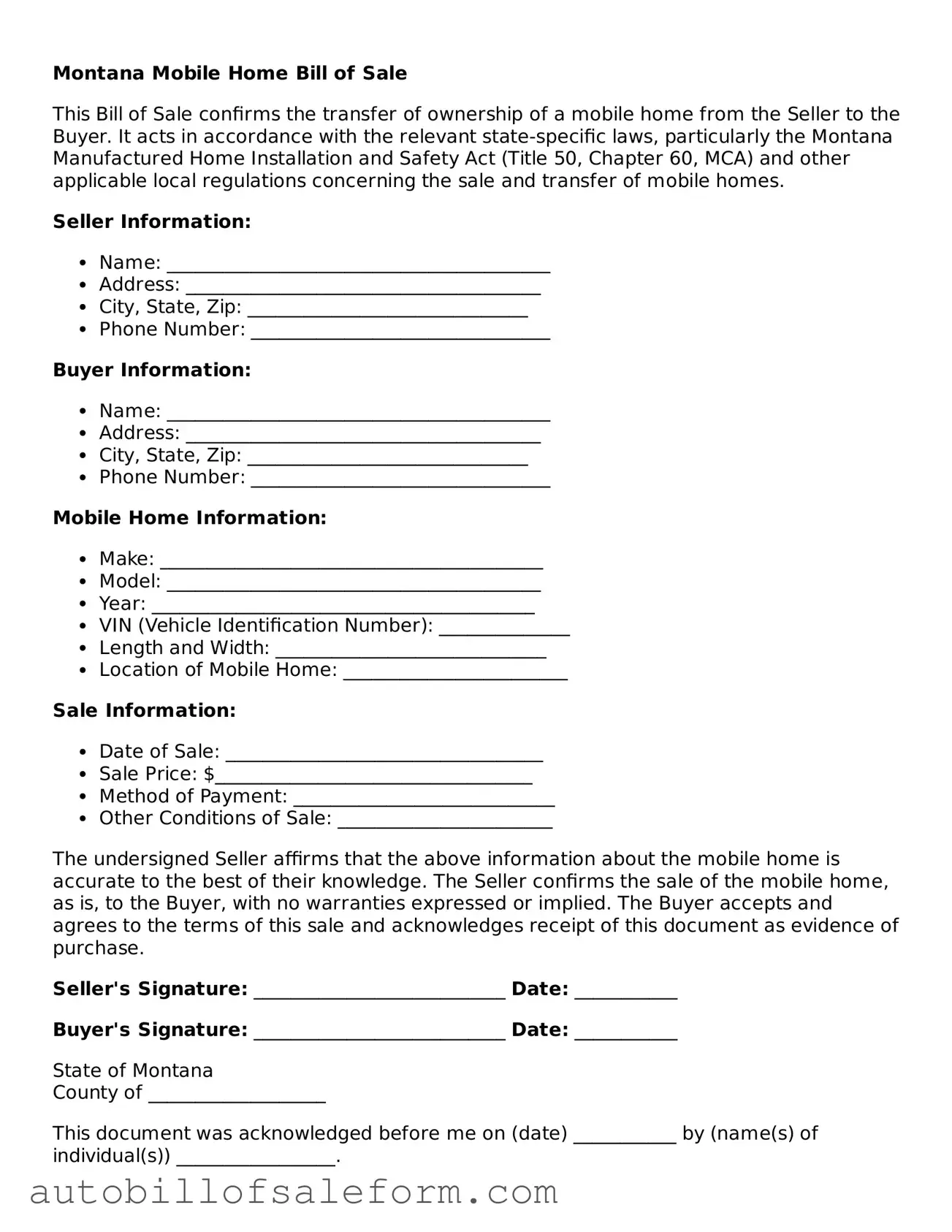 Free  Mobile Home Bill of Sale Template for Montana
