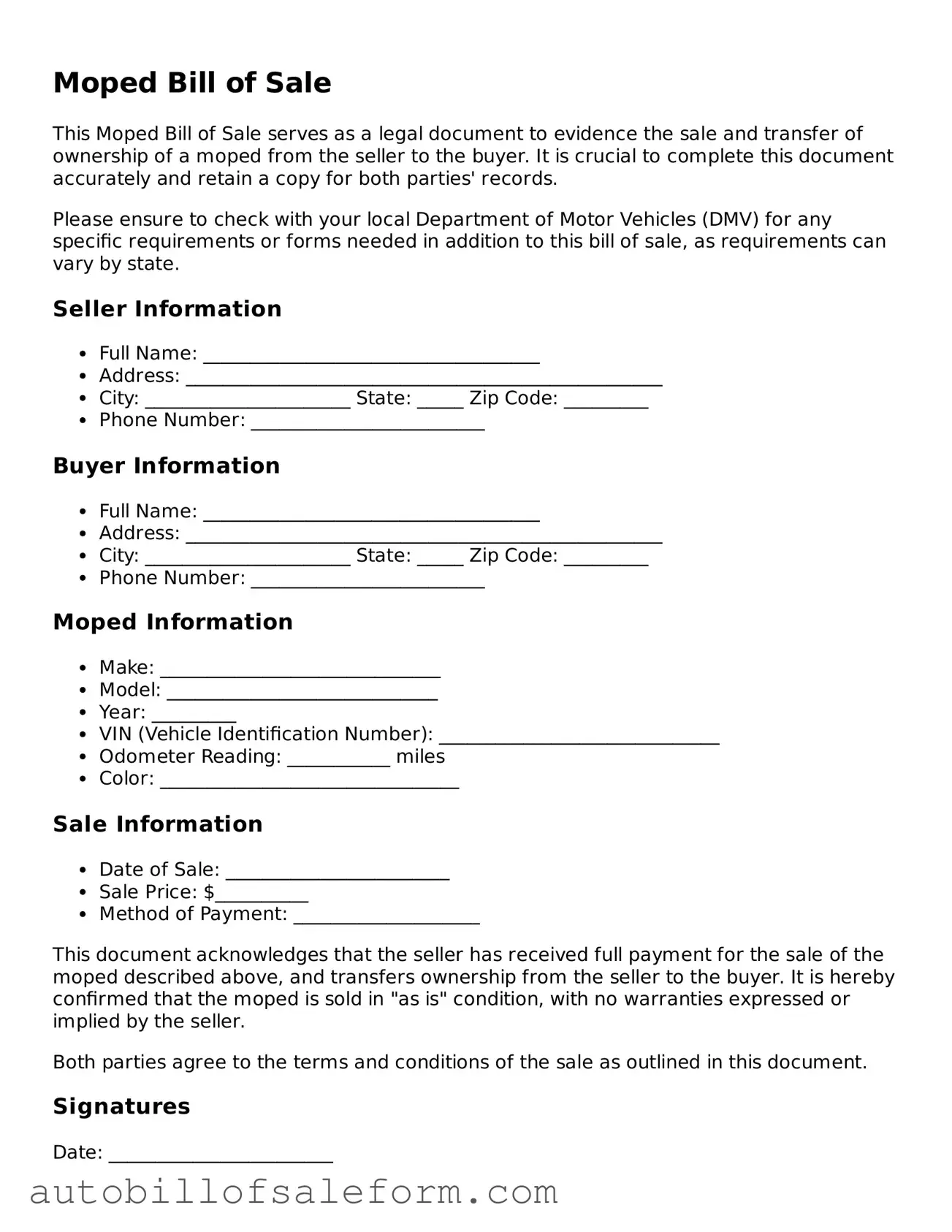 Legal Moped Bill of Sale Form