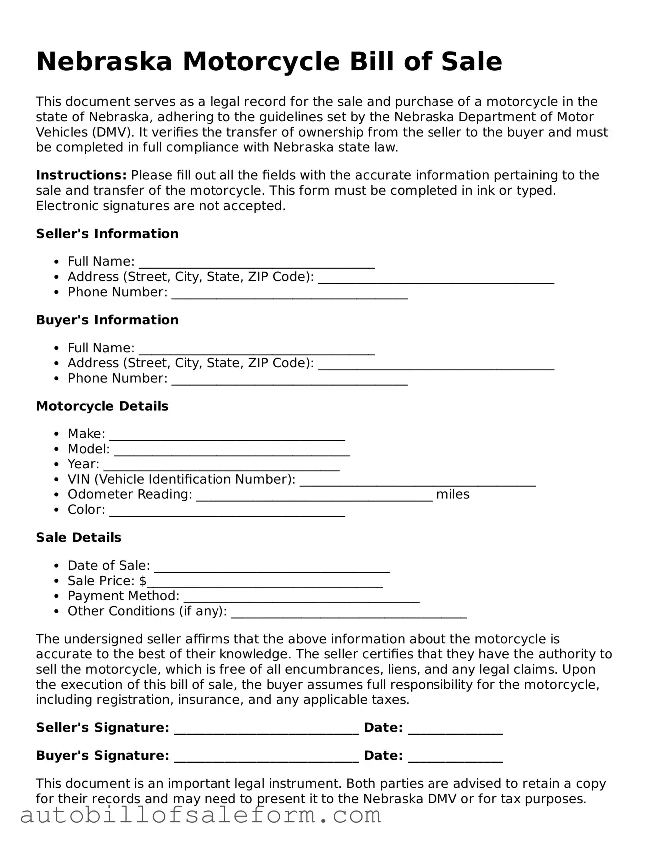 Free  Motorcycle Bill of Sale Template for Nebraska