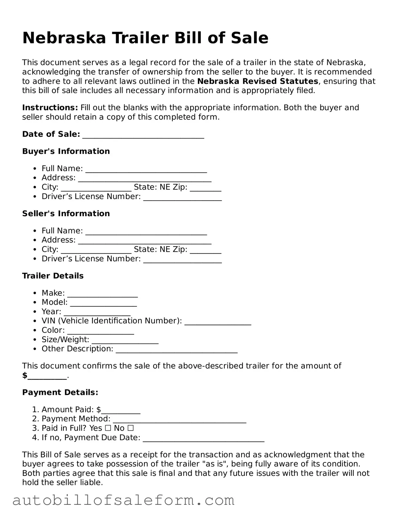 Free  Trailer Bill of Sale Template for Nebraska