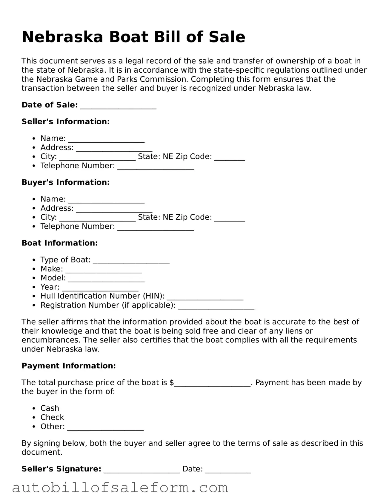 Free  Boat Bill of Sale Template for Nebraska